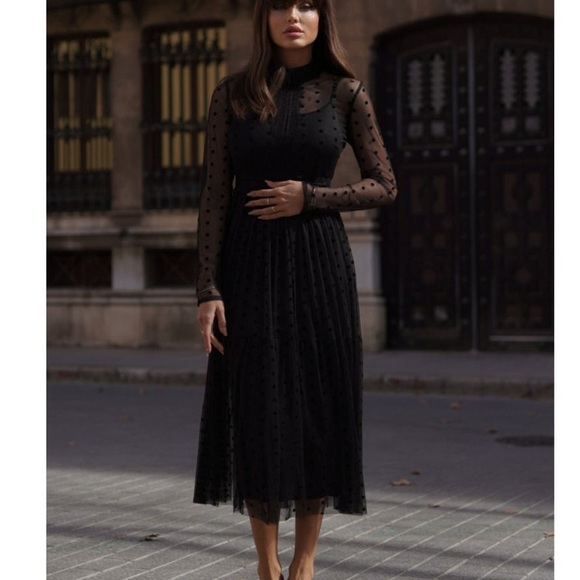 Lace & Beads Roman Lola Polka Dot Midi Dress in Black Gold Size 10 - Picture 1 of 12